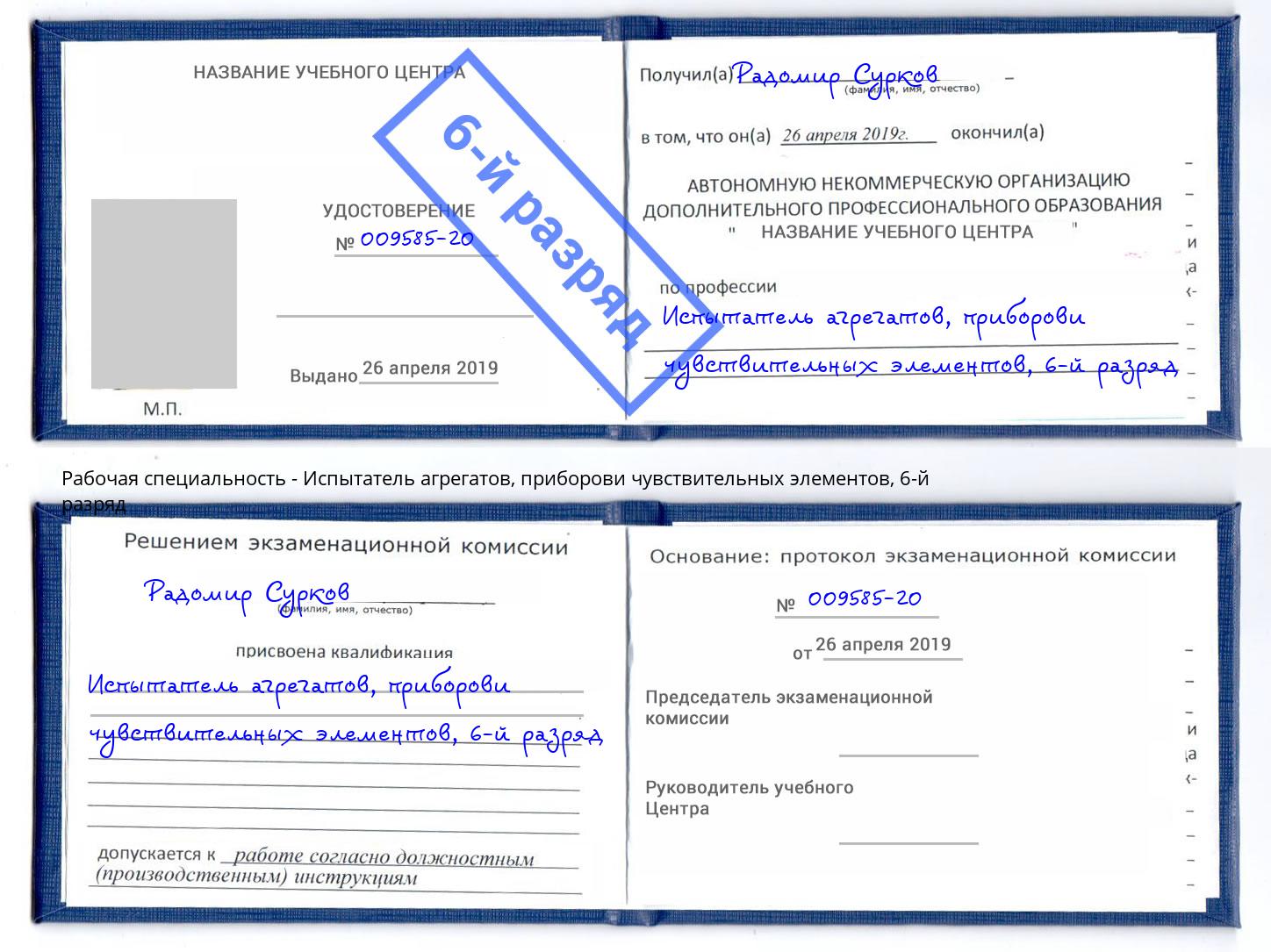 корочка 6-й разряд Испытатель агрегатов, приборови чувствительных элементов Северодвинск