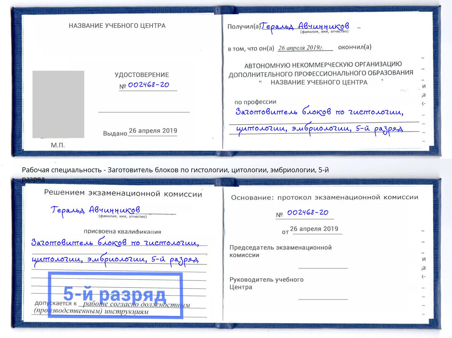 корочка 5-й разряд Заготовитель блоков по гистологии, цитологии, эмбриологии Северодвинск