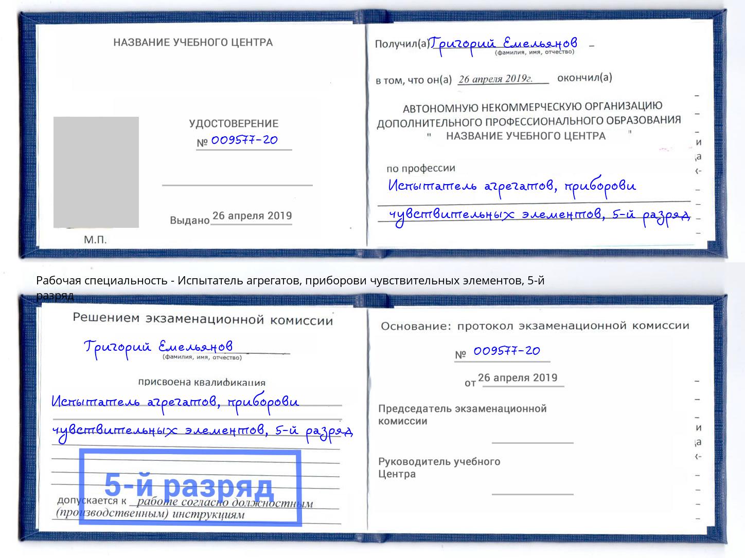 корочка 5-й разряд Испытатель агрегатов, приборови чувствительных элементов Северодвинск