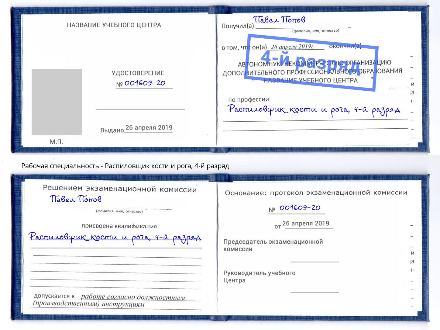 корочка 4-й разряд Распиловщик кости и рога Северодвинск