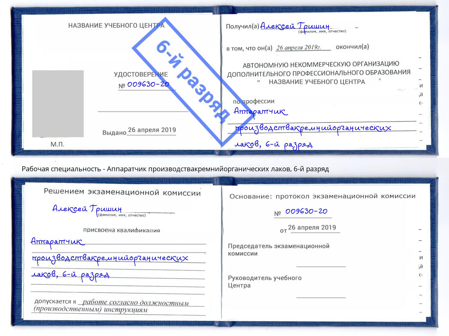 корочка 6-й разряд Аппаратчик производствакремнийорганических лаков Северодвинск