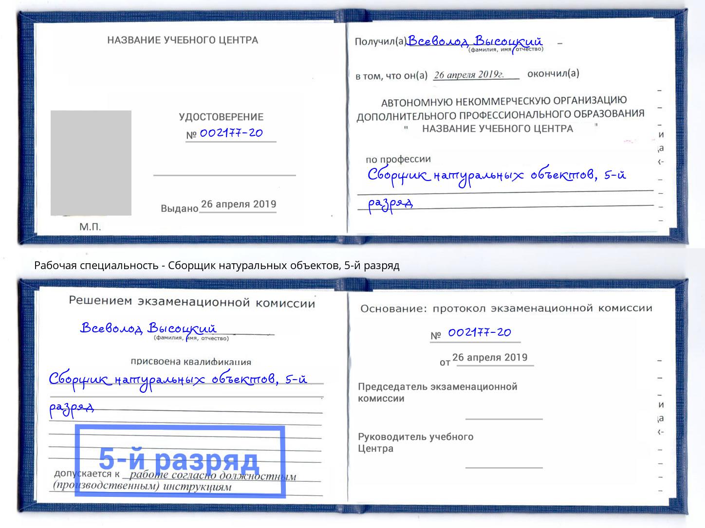 корочка 5-й разряд Сборщик натуральных объектов Северодвинск
