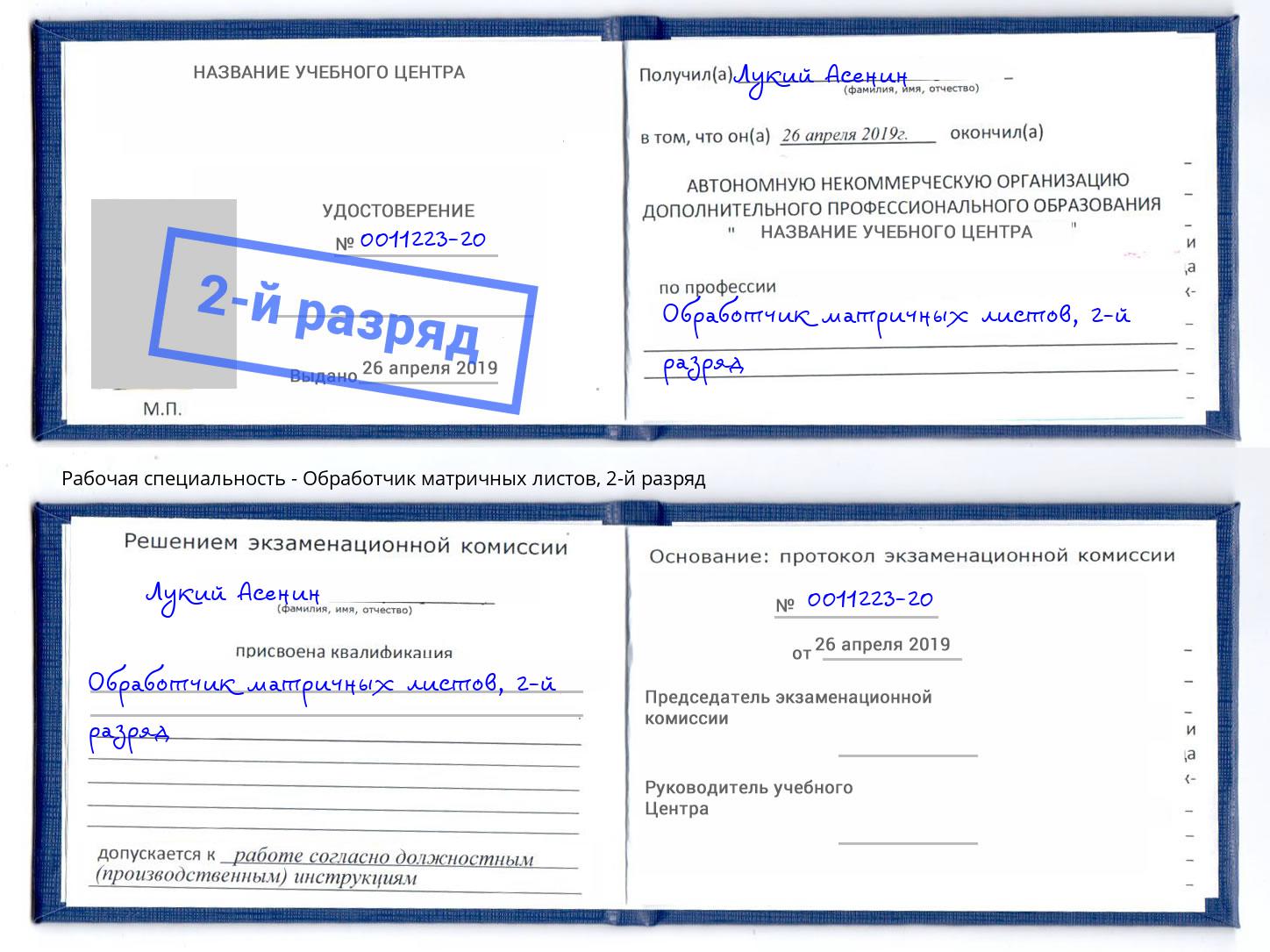 корочка 2-й разряд Обработчик матричных листов Северодвинск