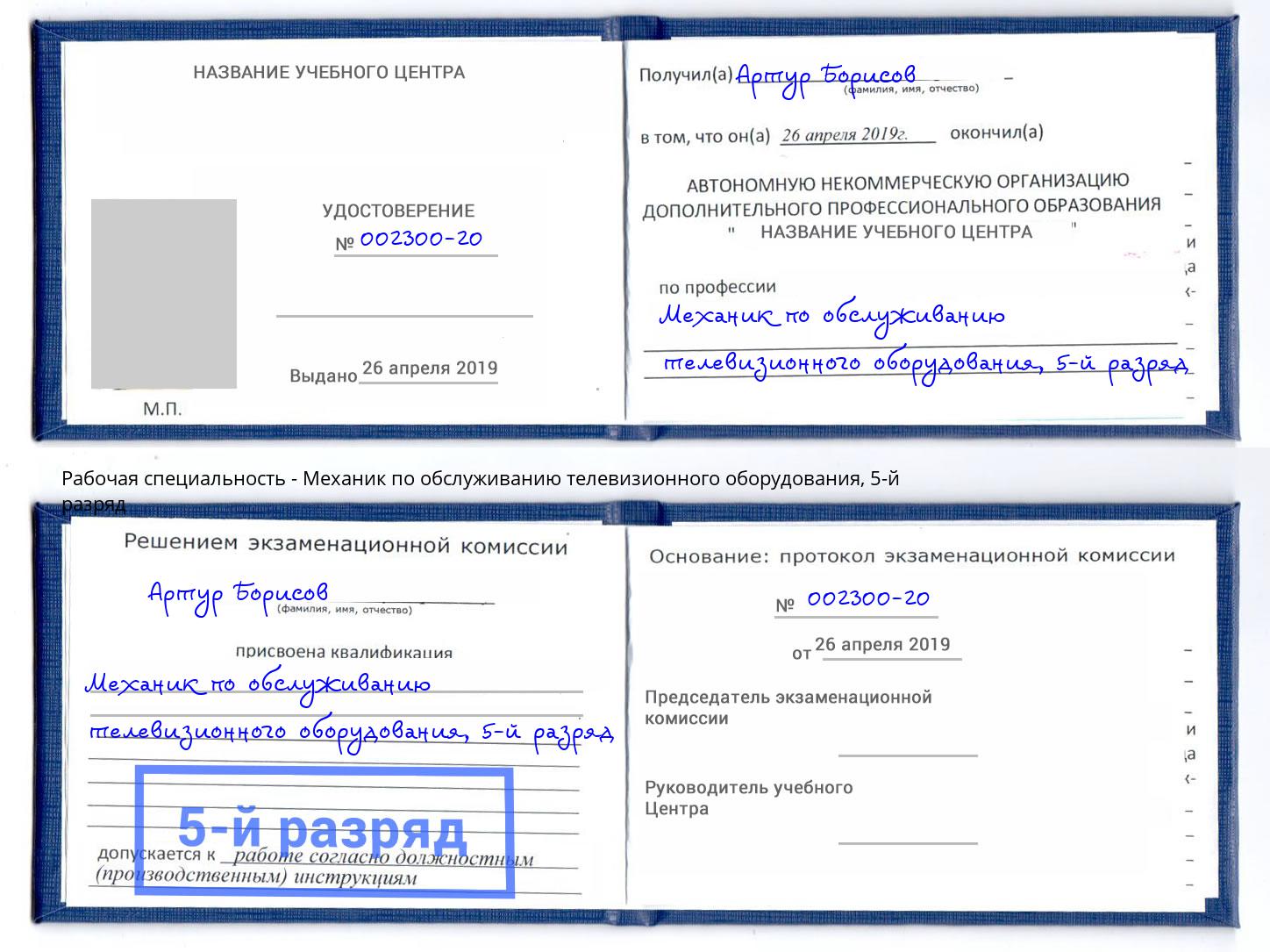 корочка 5-й разряд Механик по обслуживанию телевизионного оборудования Северодвинск