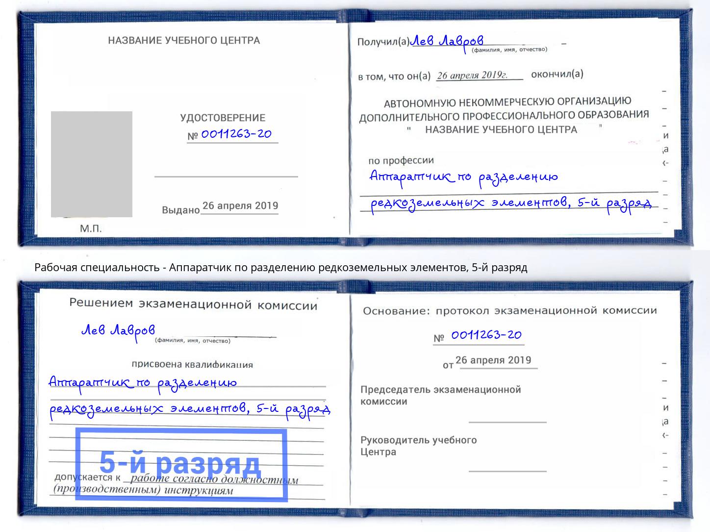 корочка 5-й разряд Аппаратчик по разделению редкоземельных элементов Северодвинск